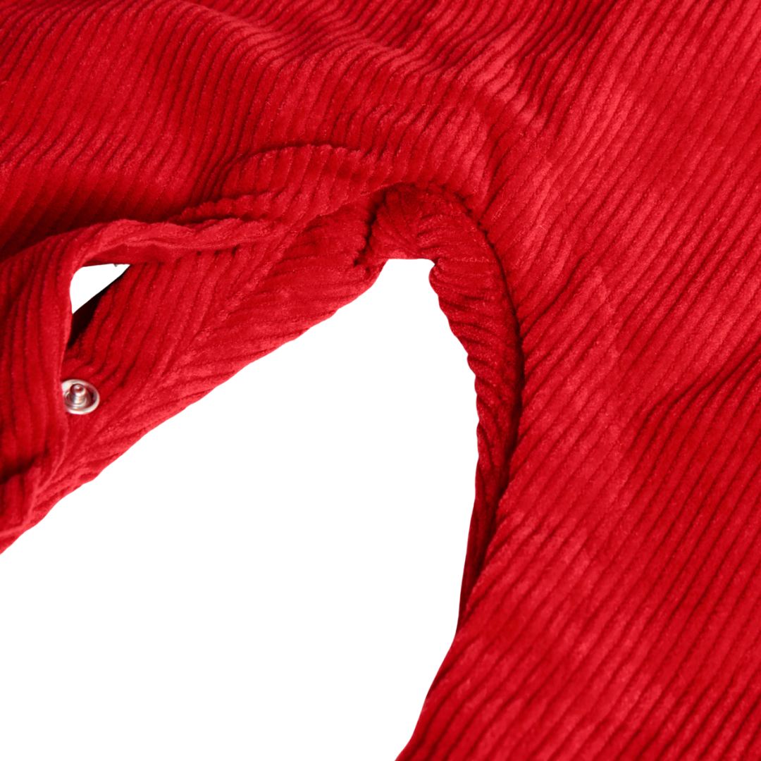 Tecido de veludo cotelê vermelho com botão metálico prateado