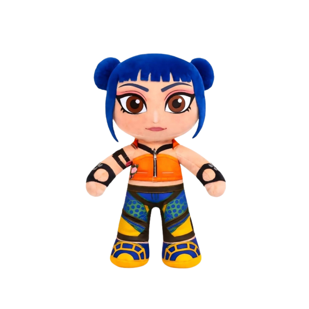 Boneca de pelúcia com cabelo azul e roupa colorida