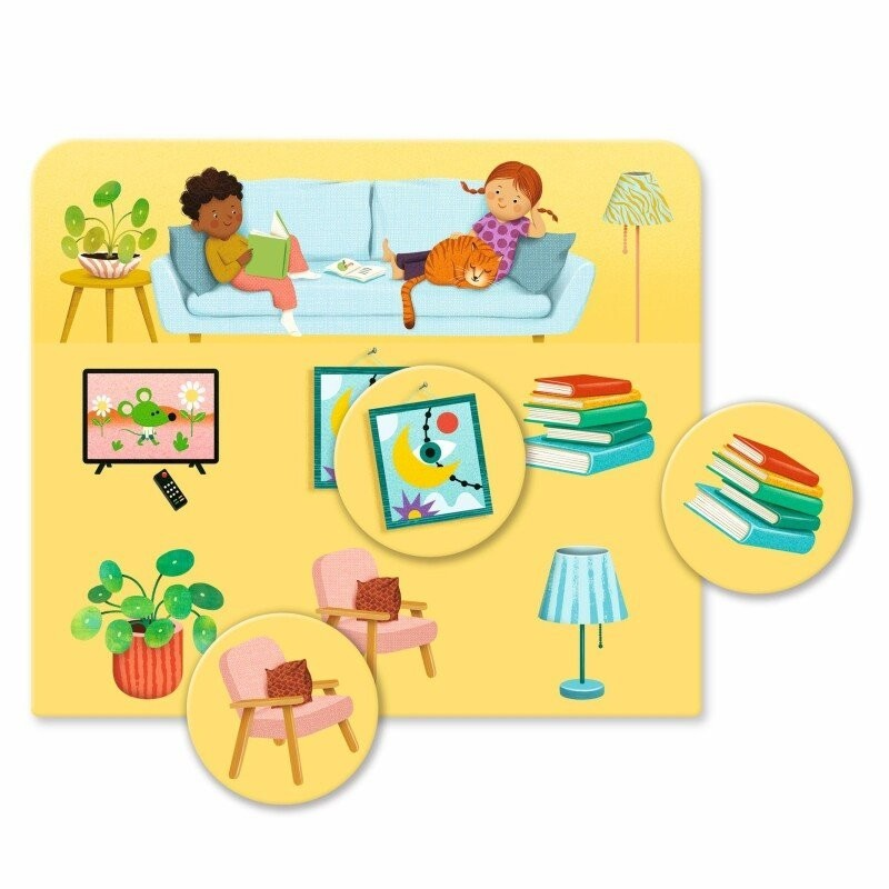 Ilustração de sala com crianças no sofá, gato, livros, plantas, televisão e móveis coloridos