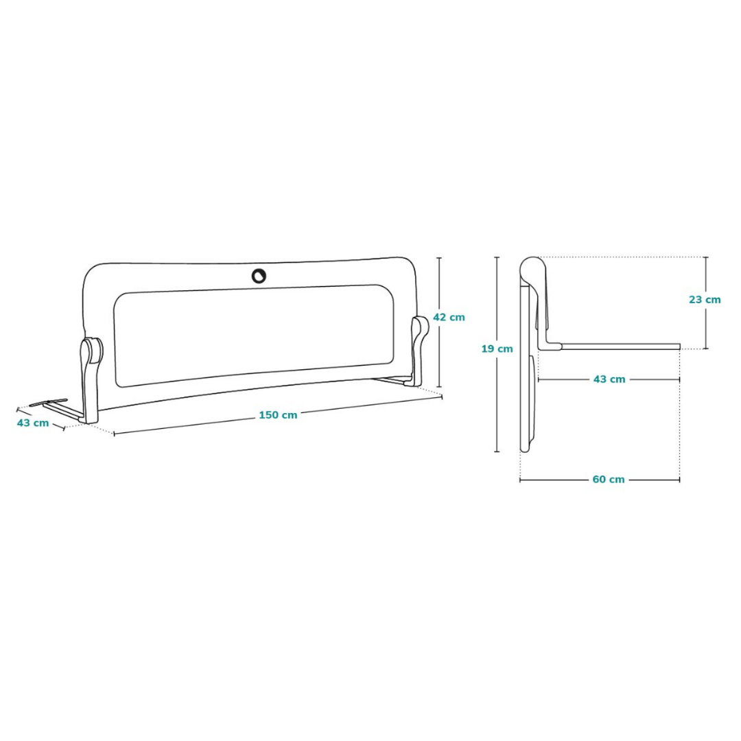 Protótipo de protetor de cama branco com medidas detalhadas em centímetros.