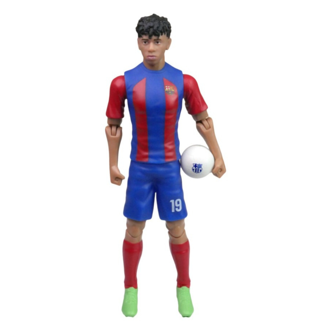 Figura de ação de jogador de futebol com roupa azul e vermelha segurando bola branca.