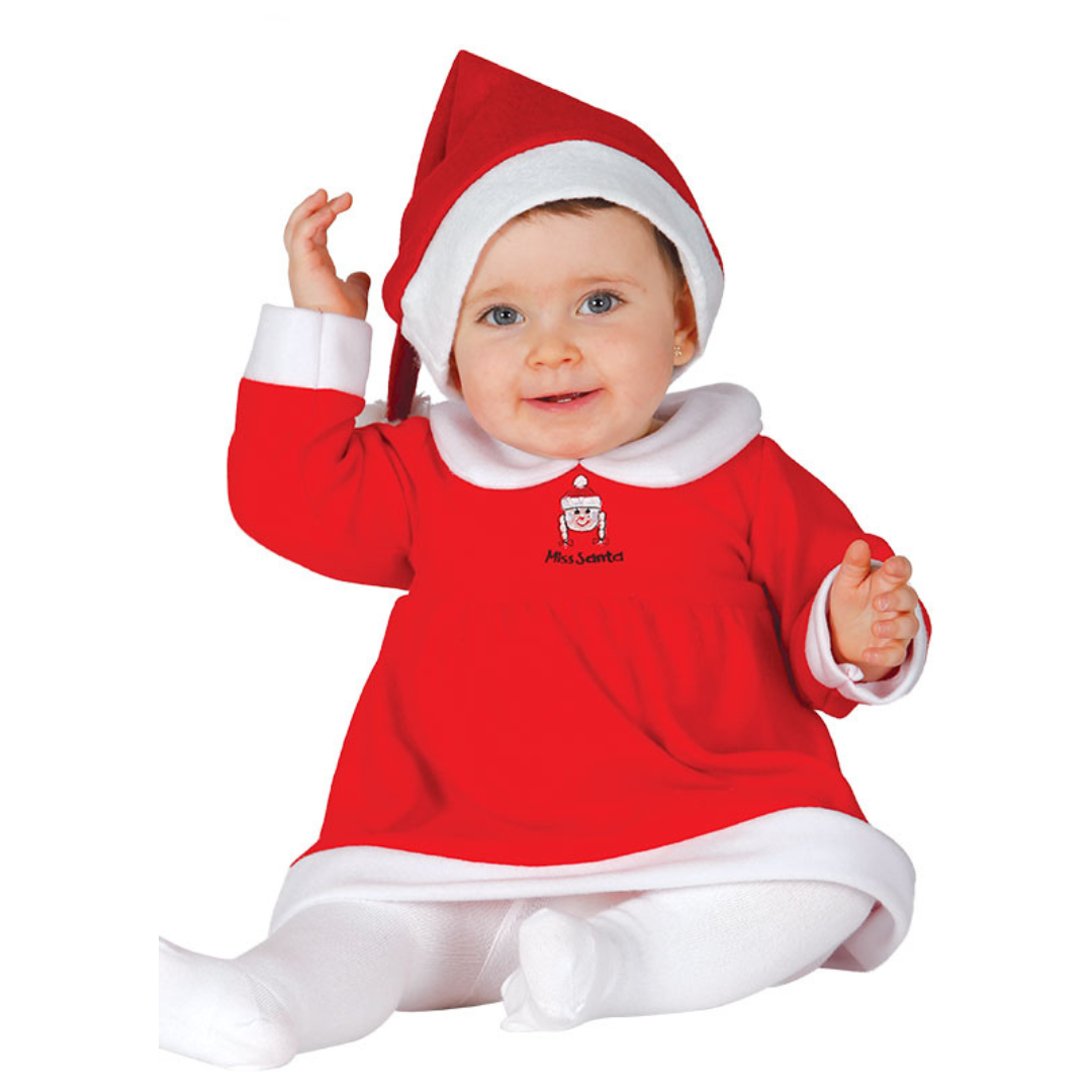 Bebé com vestido vermelho e branco e chapéu de Natal sentado
