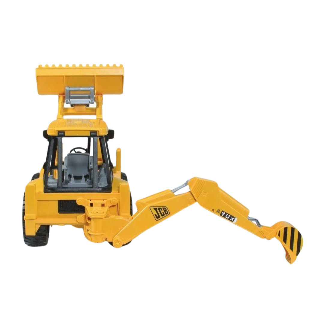 Miniatura de escavadora amarela com braço articulado e padrão riscado amarelo e preto na pá