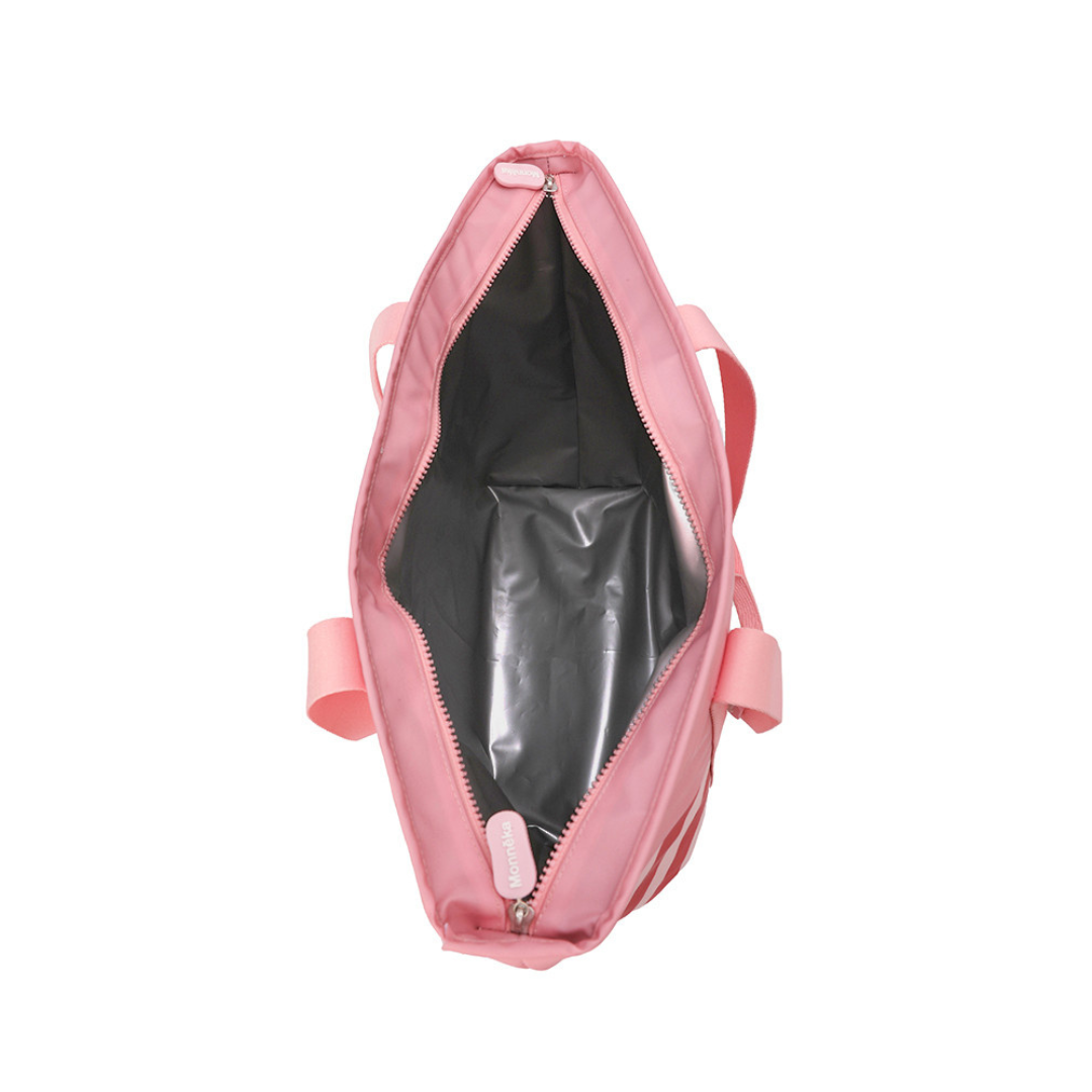 Mala cor-de-rosa com fecho e interior cinza aberta vista de cima