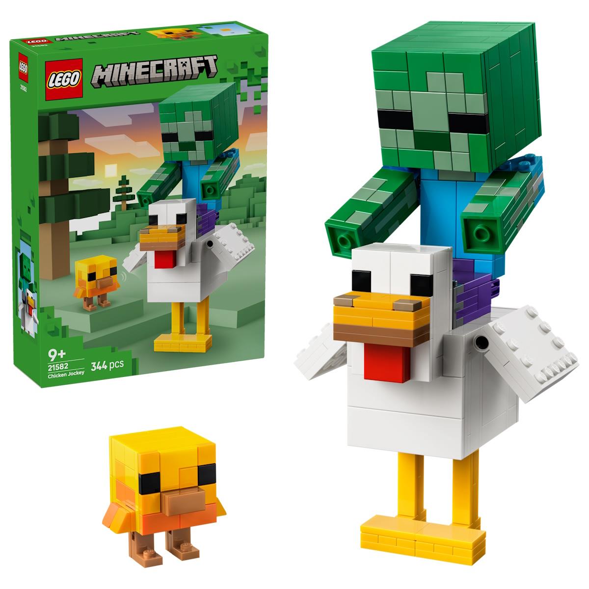 Brinquedo LEGO Minecraft com personagem zombie verde montado numa galinha branca e pintainho amarelo