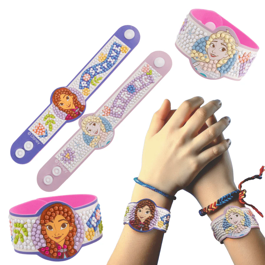 Braceletes com personagens Disney Anna e Elsa em silicone colorido com pedras para montagem