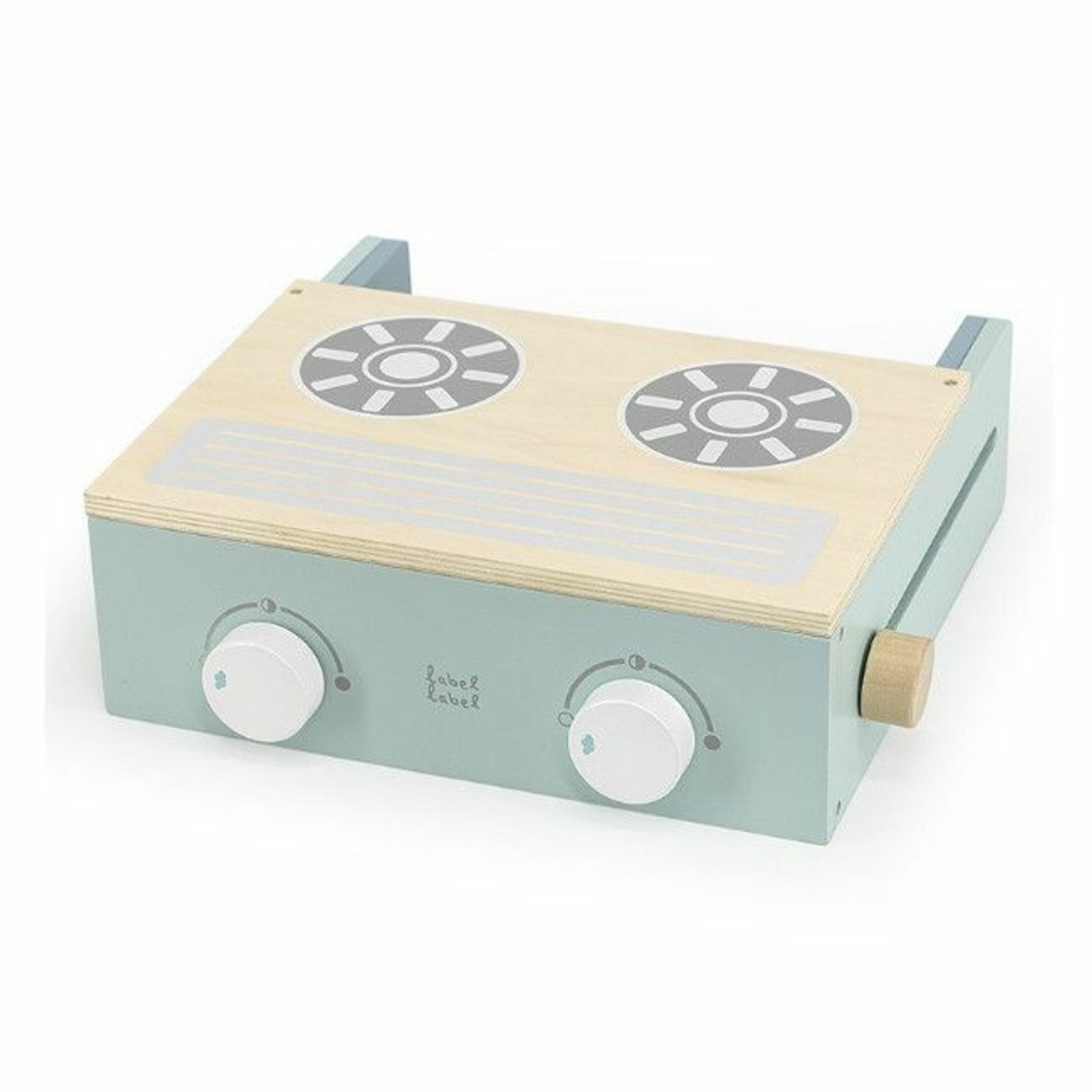 Brinquedo de cozinha de madeira com duas placas desenhadas e botões de controlo