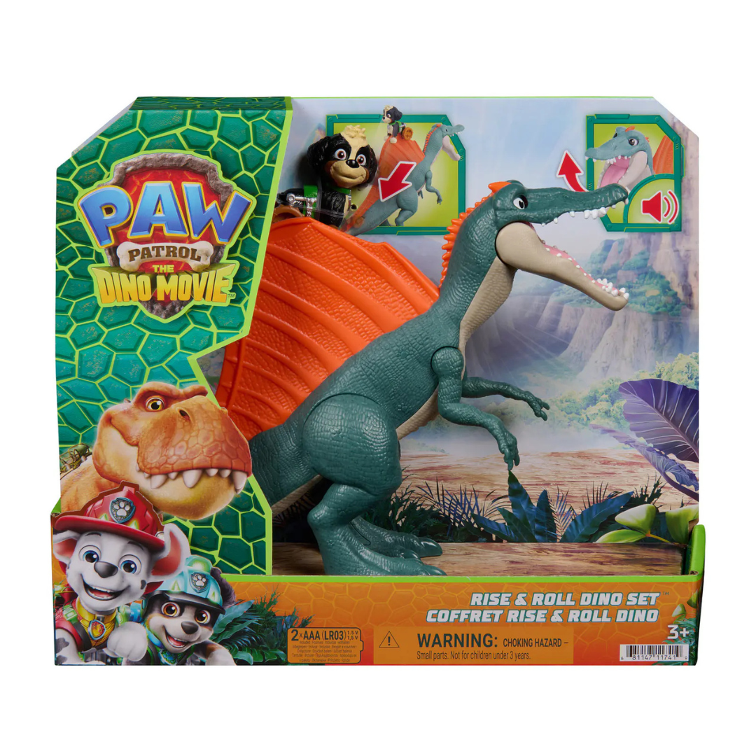 Brinquedo dinossauro verde e alaranjado em caixa PAW Patrol The Dino Movie