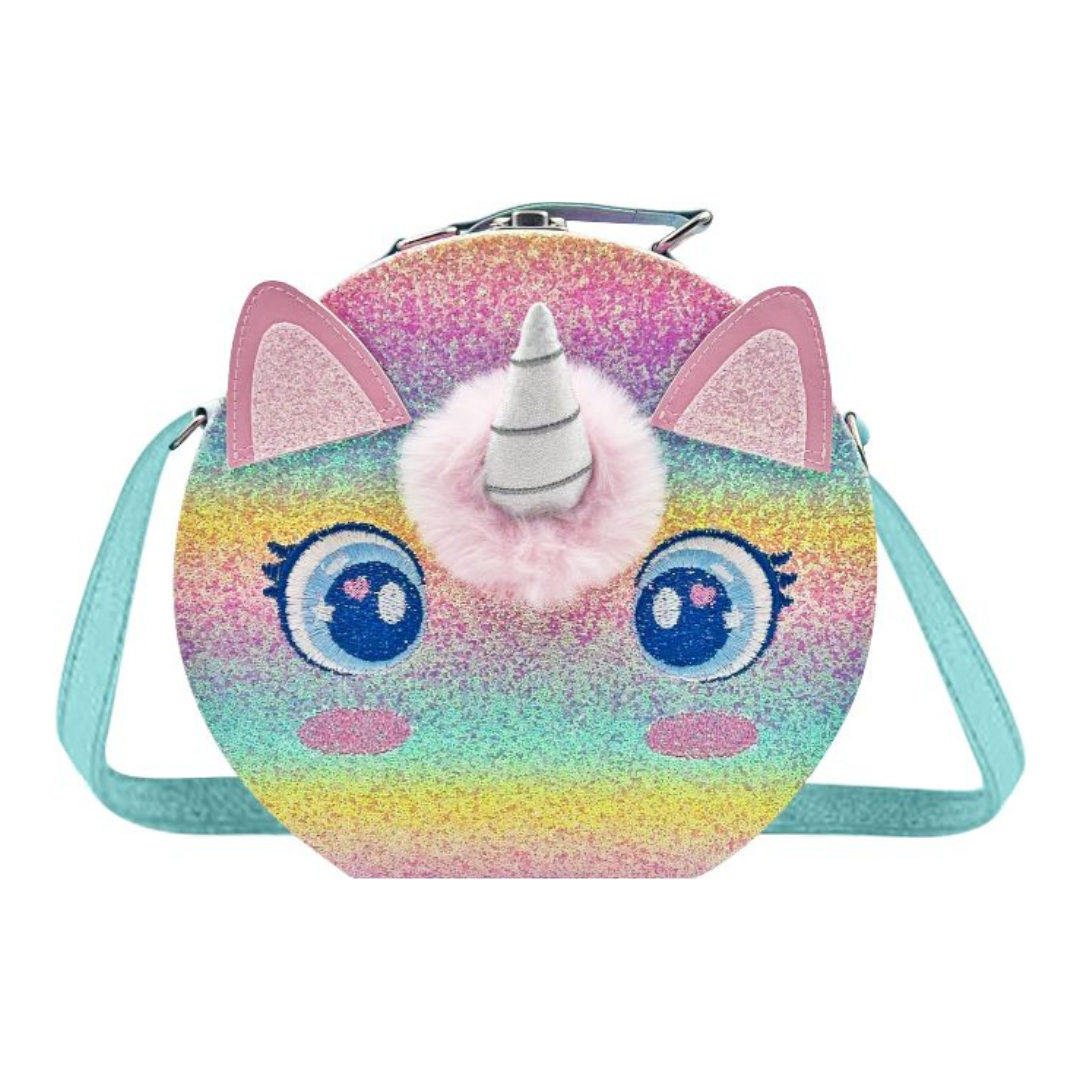 Mala círculo com estampado de unicórnio colorido e brilhante