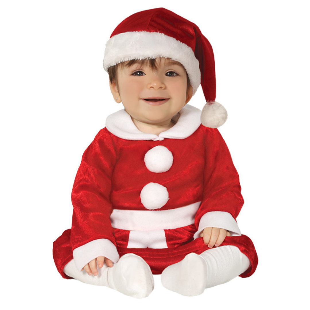 Bebé vestido com fato de Pai Natal vermelho e branco sentado