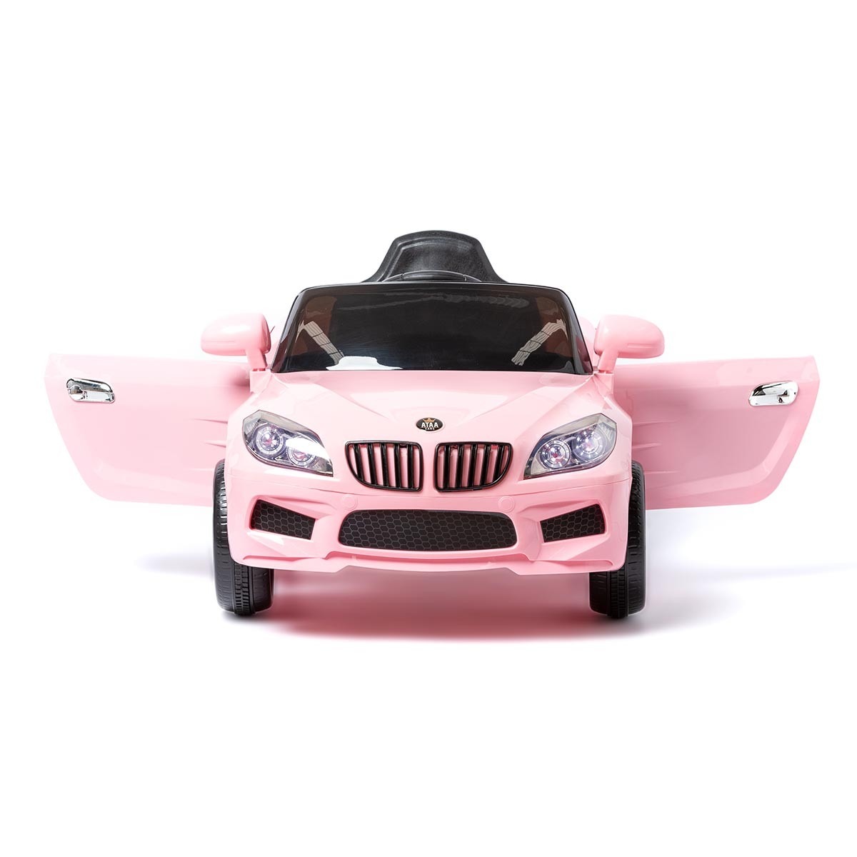 Carro elétrico infantil cor-de-rosa com portas abertas e banco preto