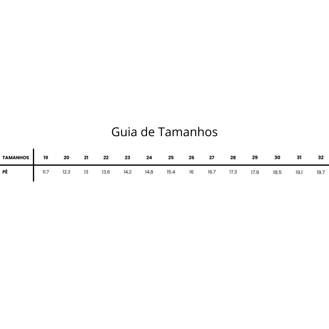 Tabela do guia de tamanhos com medidas de pé para tamanhos de 19 a 32