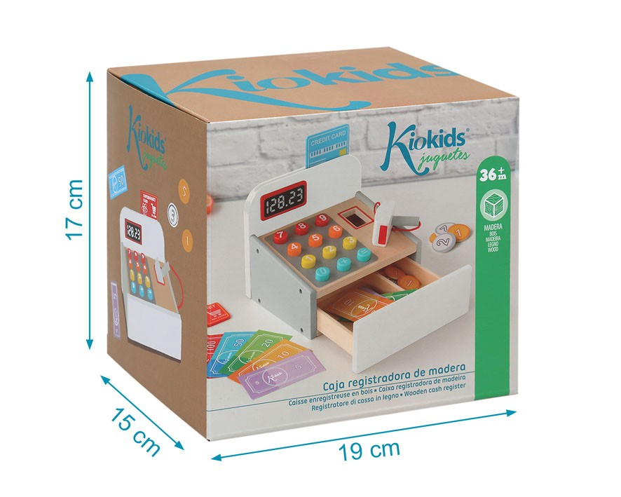 Embalagem de caixa registadora de madeira Kiokids com botões coloridos e dinheiro de brincar