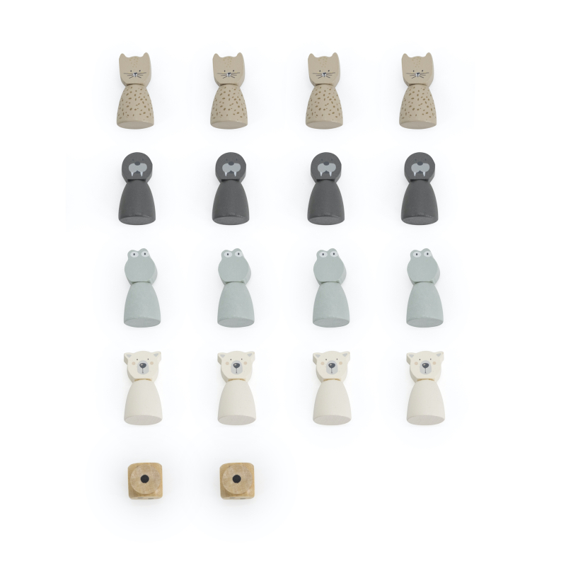 Peças de madeira para jogo em forma de animais dispostas em filas