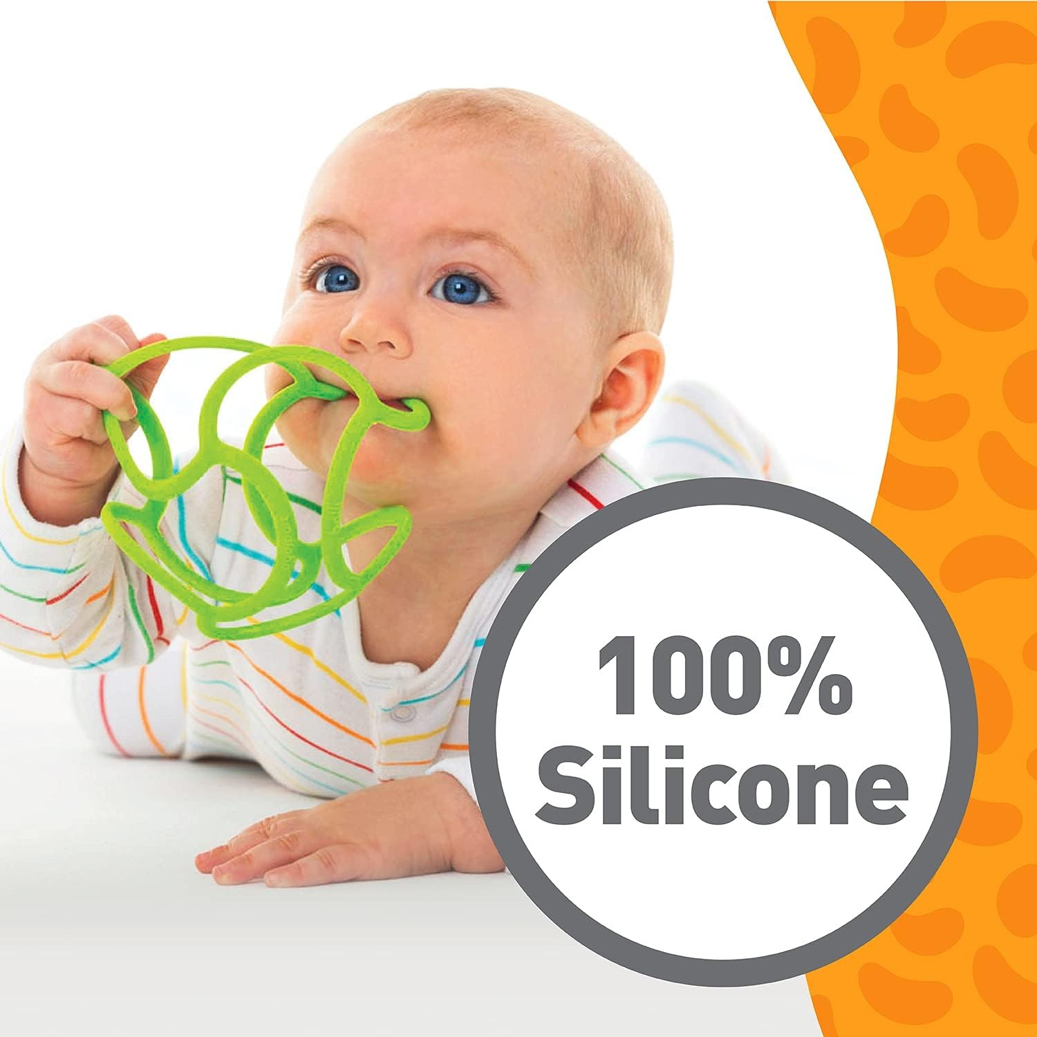 Bebé com brinquedo verde de silicone e texto 100% Silicone