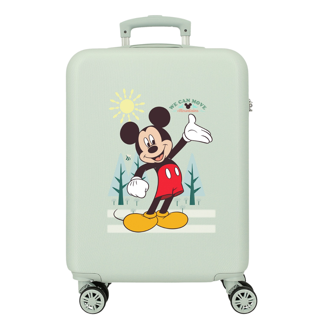 Mala de viagem rígida cinza claro com estampa do Mickey Mouse e texto WE CAN MOVE Mountains