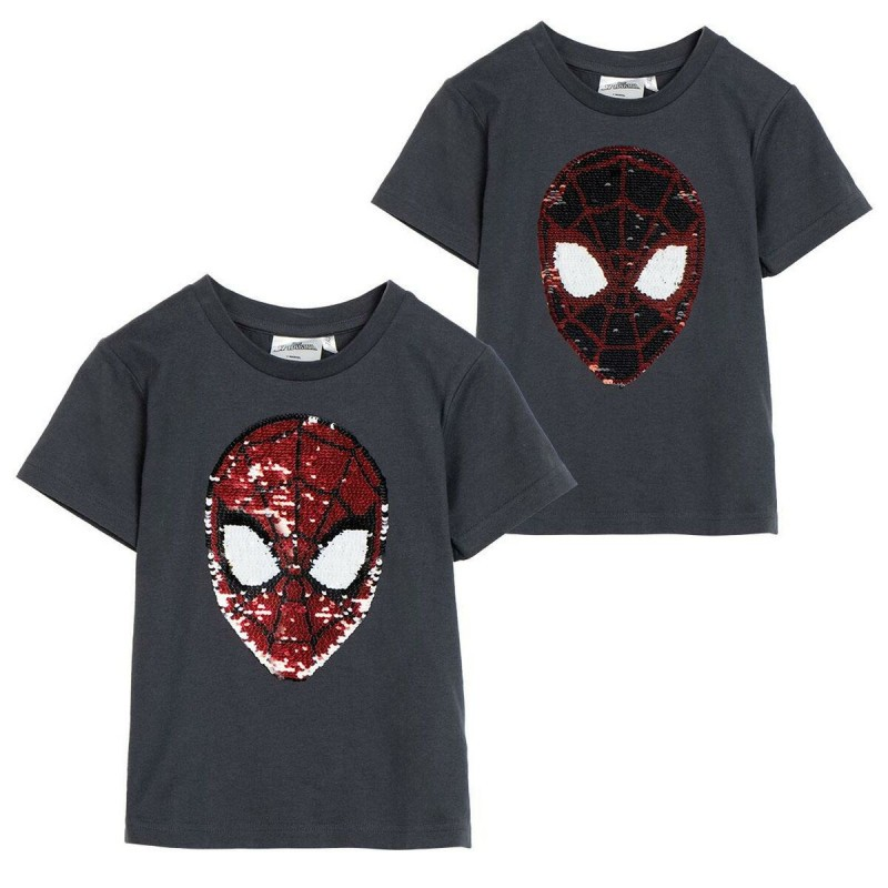 Dois t-shirts de criança cinzentos escuros com o rosto do Homem-Aranha em lantejoulas