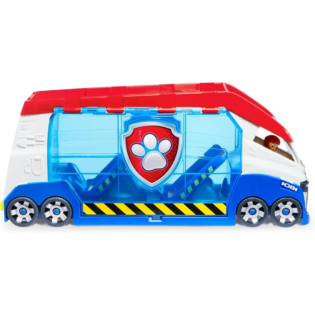 Brinquedo veículo de transporte da série animada com figura na cabine e símbolo de pata