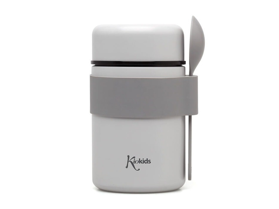 Recipiente com tampa e colher acoplada, com logo Kiokids