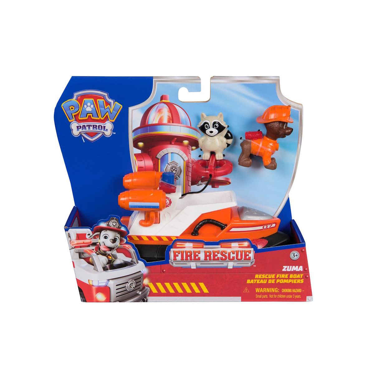 Brinquedo PAW Patrol barco de salvamento fogo com duas figuras de cães na embalagem