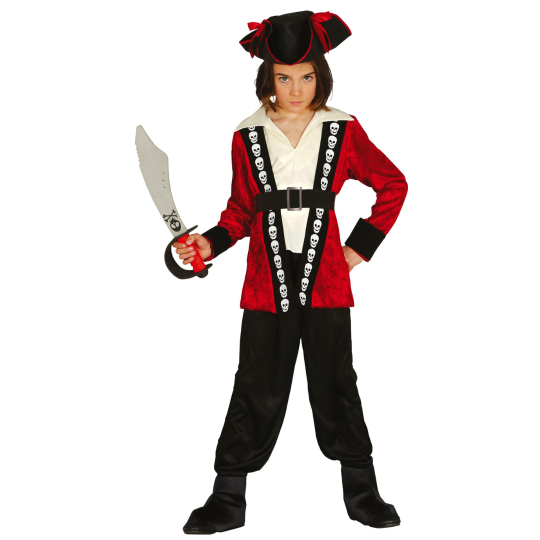 Fato de pirata para criança com casaco vermelho e preto, calças e botas pretas, chapéu preto e vermelho e espada de plástico.