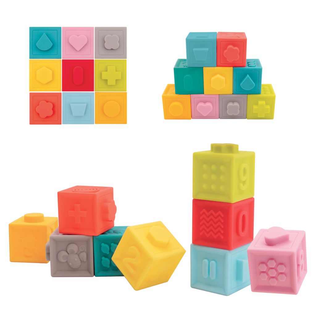 Blocos de construção coloridos com diferentes formas e padrões em relevo