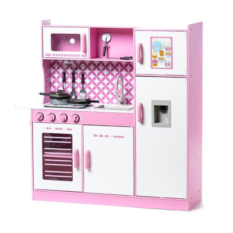 Cozinha de brincar rosa e branca com acessórios e decoração de cupcakes