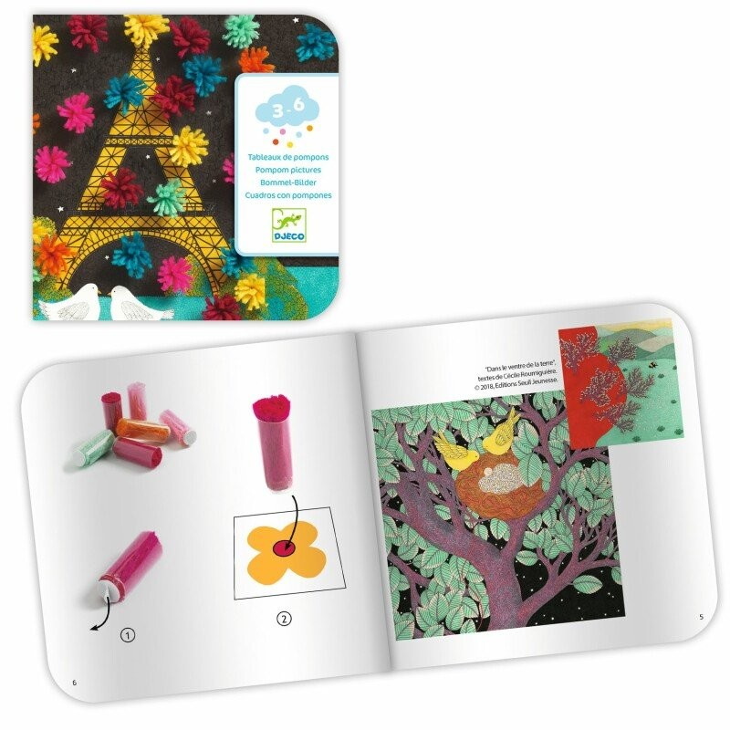 Jogo artístico infantil com pompons coloridos, embalagem decorada com Torre Eiffel e livro ilustrado aberto