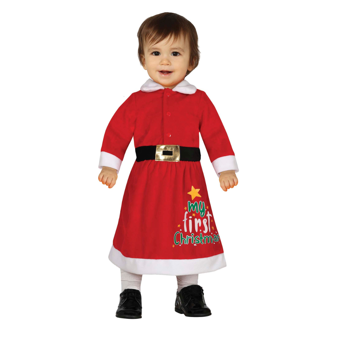 Vestido de bebé vermelho com tema de Natal e texto 'My first Christmas'