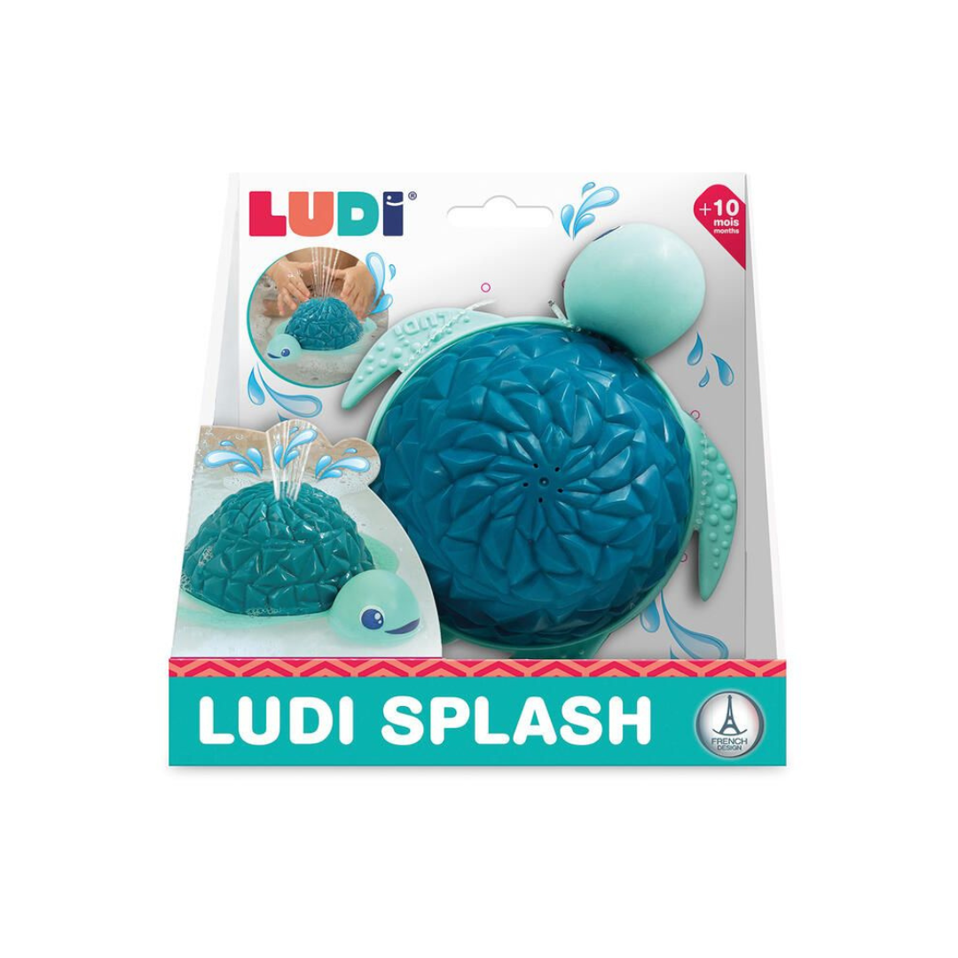 Brinquedo de banho tartaruga azul com embalagem branca e textos coloridos