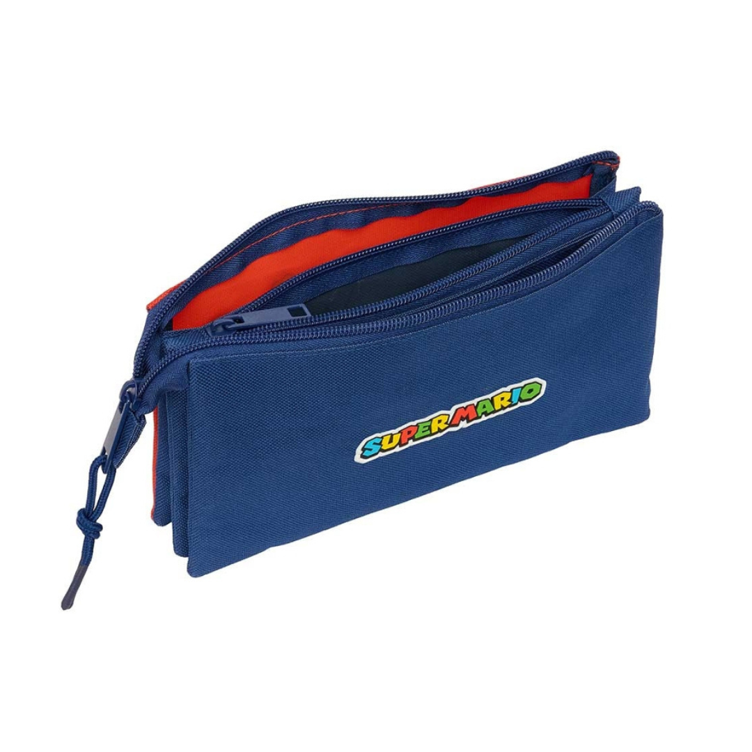 Estojo escolar azul com fecho de correr e logótipo SUPER MARIO