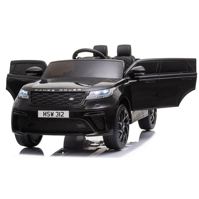 Carro elétrico infantil preto estilo Range Rover com portas abertas