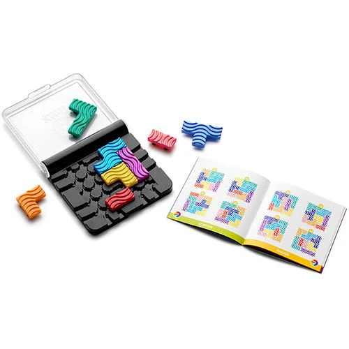 Puzzle colorido com peças onduladas e livro de instruções