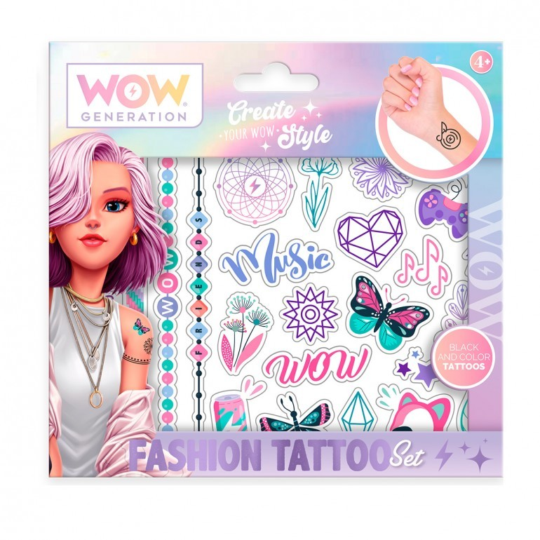 Conjunto de tatuagens temporárias coloridas e a preto WOW Generation com vários desenhos e texto, embalagem em fundo roxo e azul