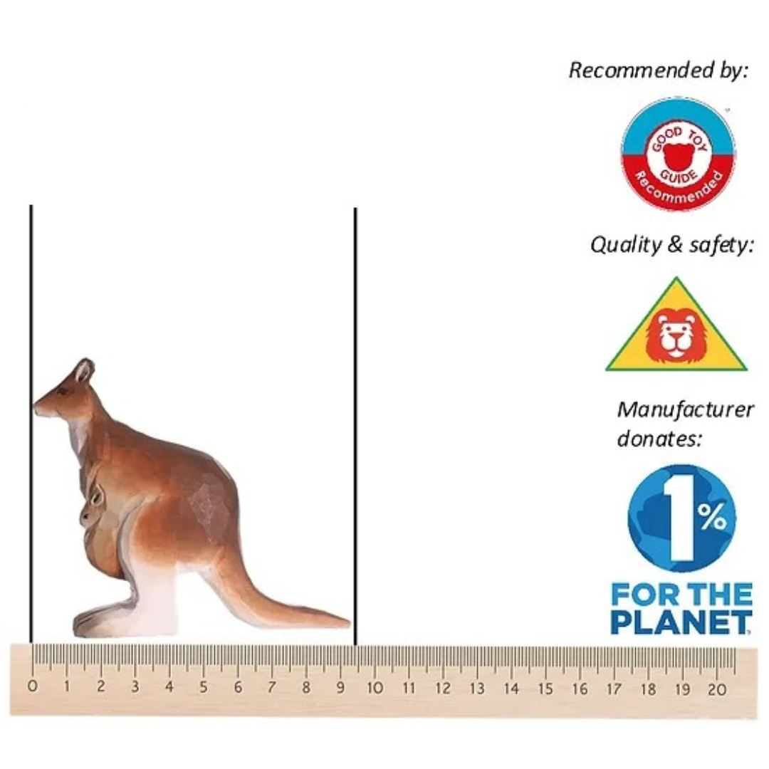 Figura de um canguru castanho com régua e logos de certificação ao lado