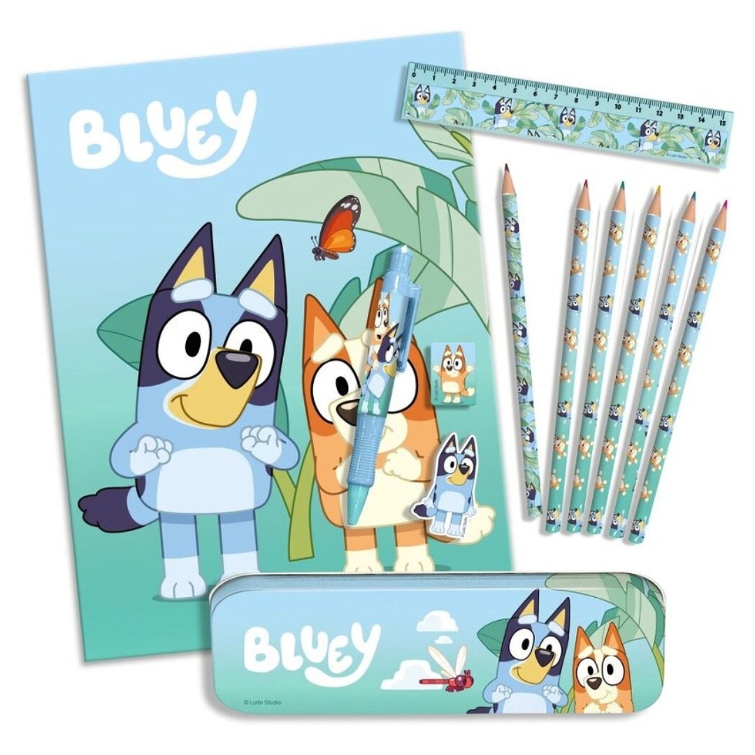 Conjunto escolar Bluey com caderno, régua, lápis, borracha, apontador e estojo