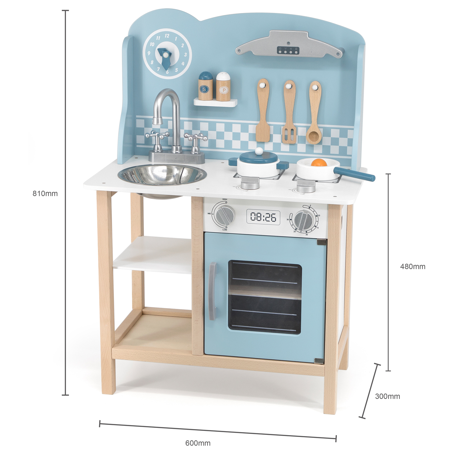 Cozinha de brincar madeira azul e branca com forno, fogão e utensílios