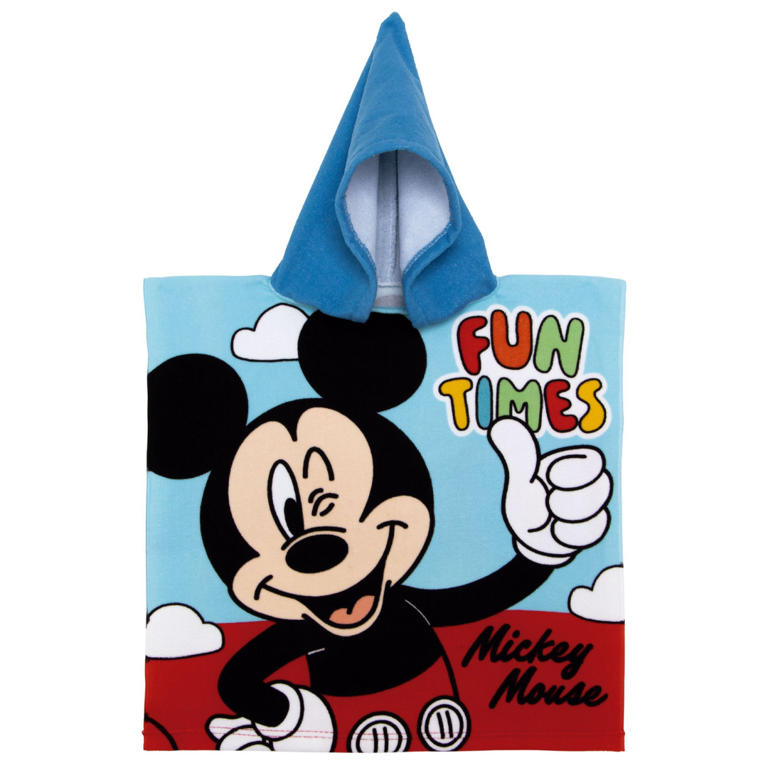 Poncho infantil azul com capuz e estampa do Mickey Mouse.
