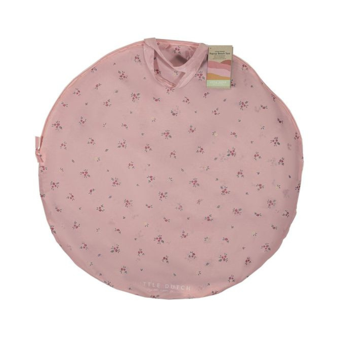 Saco redondo rosa com padrão floral e etiqueta Pop-up Beach Tent Little Dutch