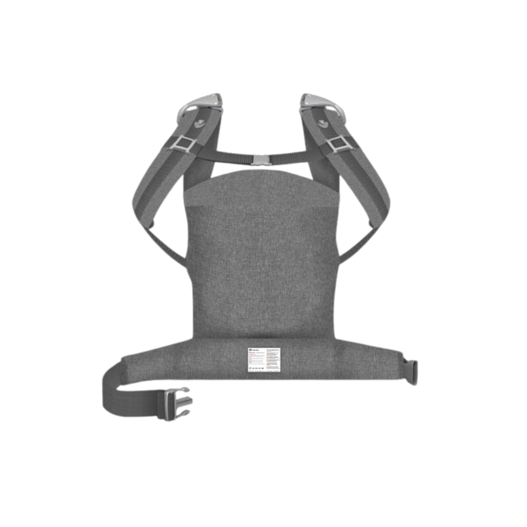 Porta-bebé ergonómico cinzento com alças pretas ajustáveis e fivela