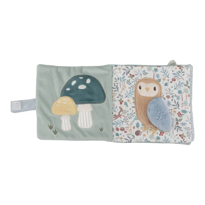 Livro de pano para bebé com imagens de cogumelos e coruja com asa azul