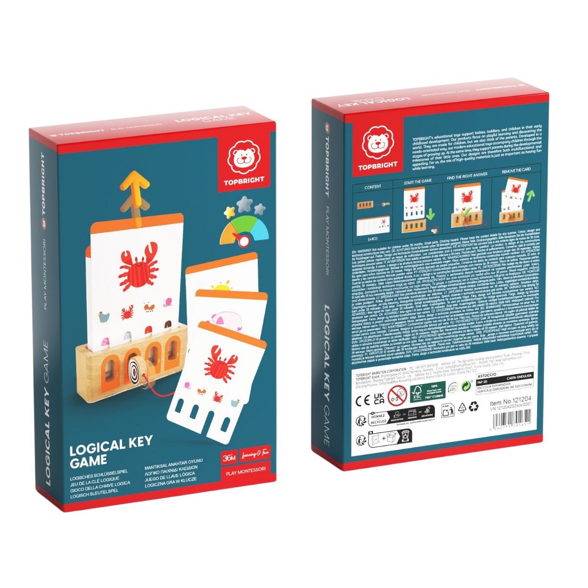 Jogo lógico Montessori com peças de madeira e cartas coloridas em caixa azul e vermelha