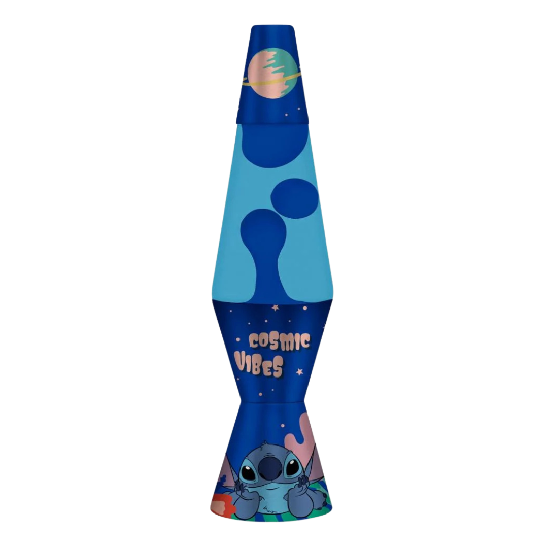 Lâmpada de lava azul com desenho do Stitch e texto COSMIC VIBES.