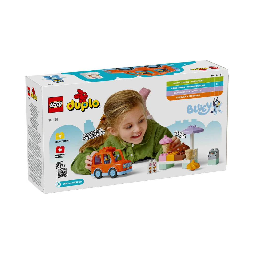 Caixa de brinquedo LEGO Duplo com carro e conjunto de gelado e criança a brincar