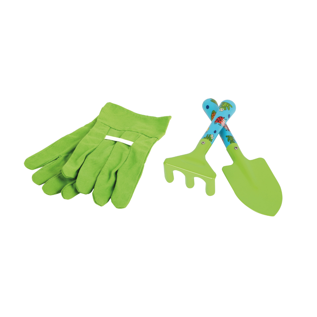 Conjunto de jardinagem infantil com luvas verdes e ferramentas coloridas.