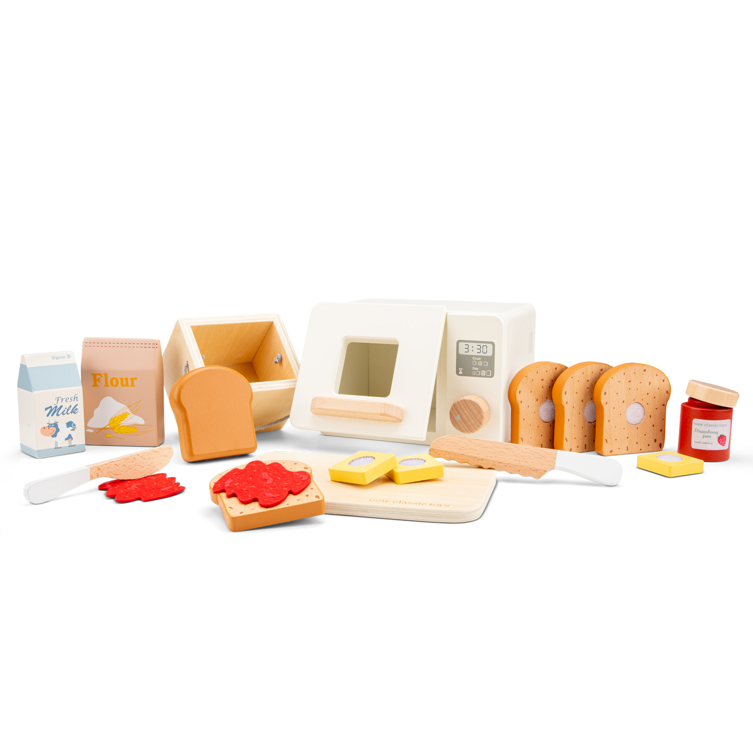 Brinquedos de madeira para brincar a fazer pão com forno, pão, manteiga e compota.