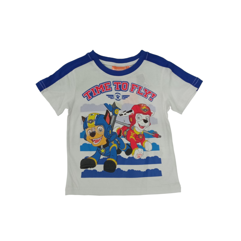 T-shirt infantil branca com personagens animados e texto TIME TO FLY
