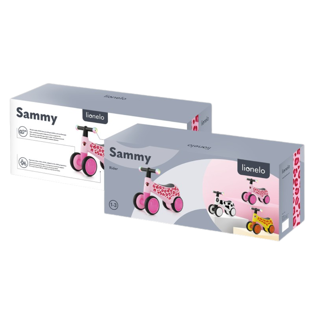 Caixas de trotinetes para crianças Sammy Lionelo rosa e branco com padrões coloridos