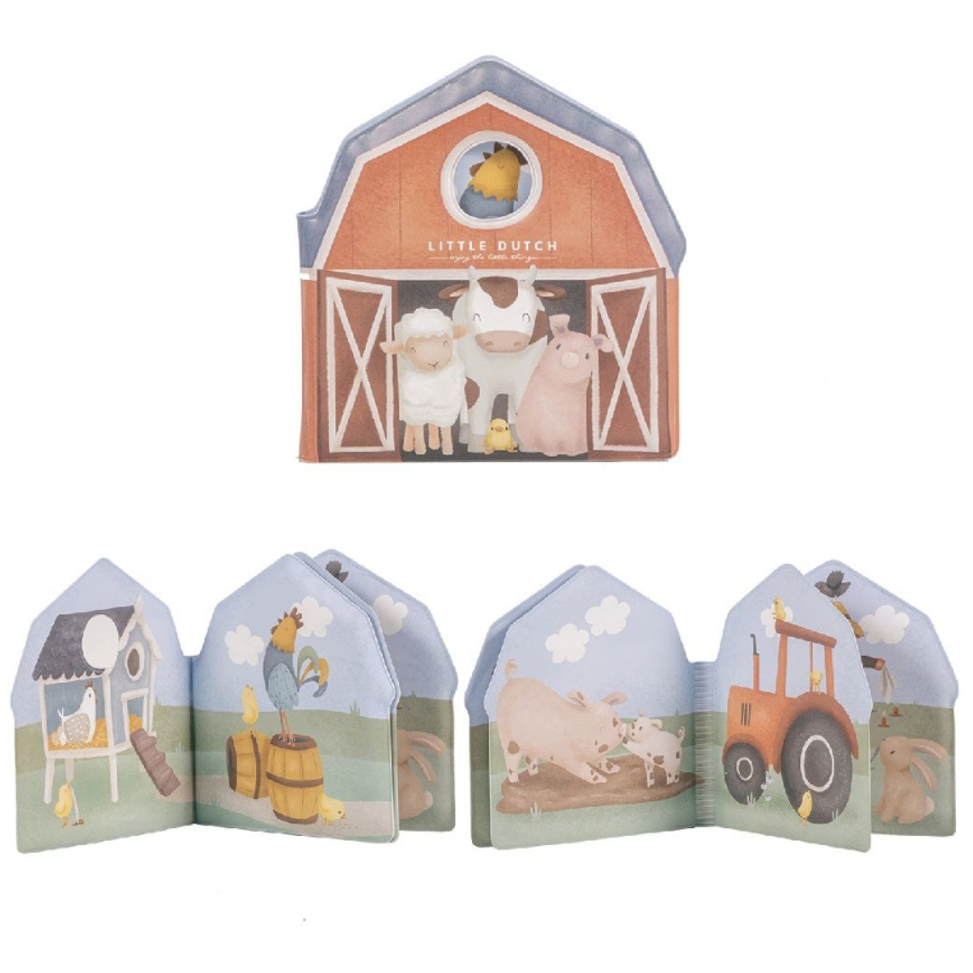 Livro de tecido em forma de celeiro e animais da quinta em cores suaves
