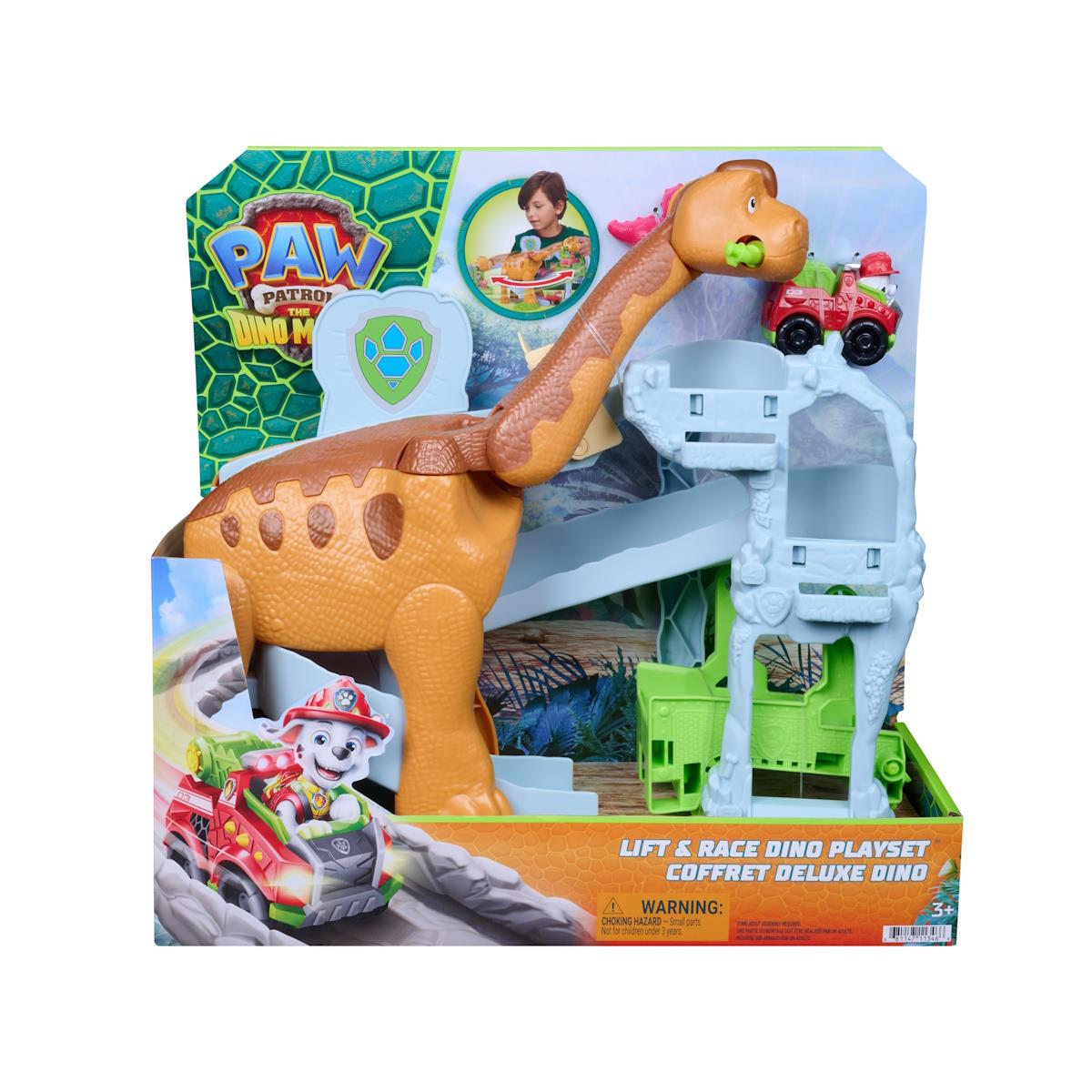 Brinquedo de dinossauro castanho e bege com carrinho vermelho e embalagem PAW PATROL